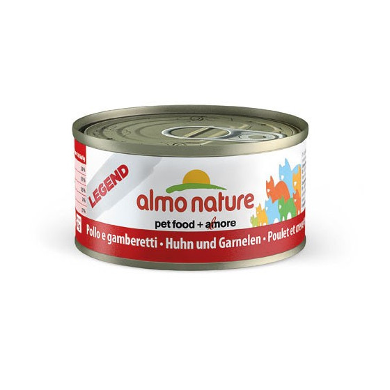 Nourriture pour chat Almo en boite de 70gr au poulet avec des crevettes.