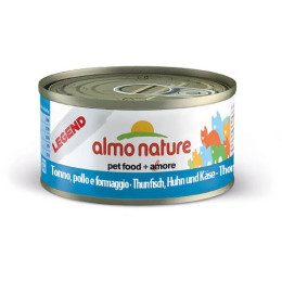 Nourriture pour chat Almo en boite de 70gr au thon, poulet et fromage.